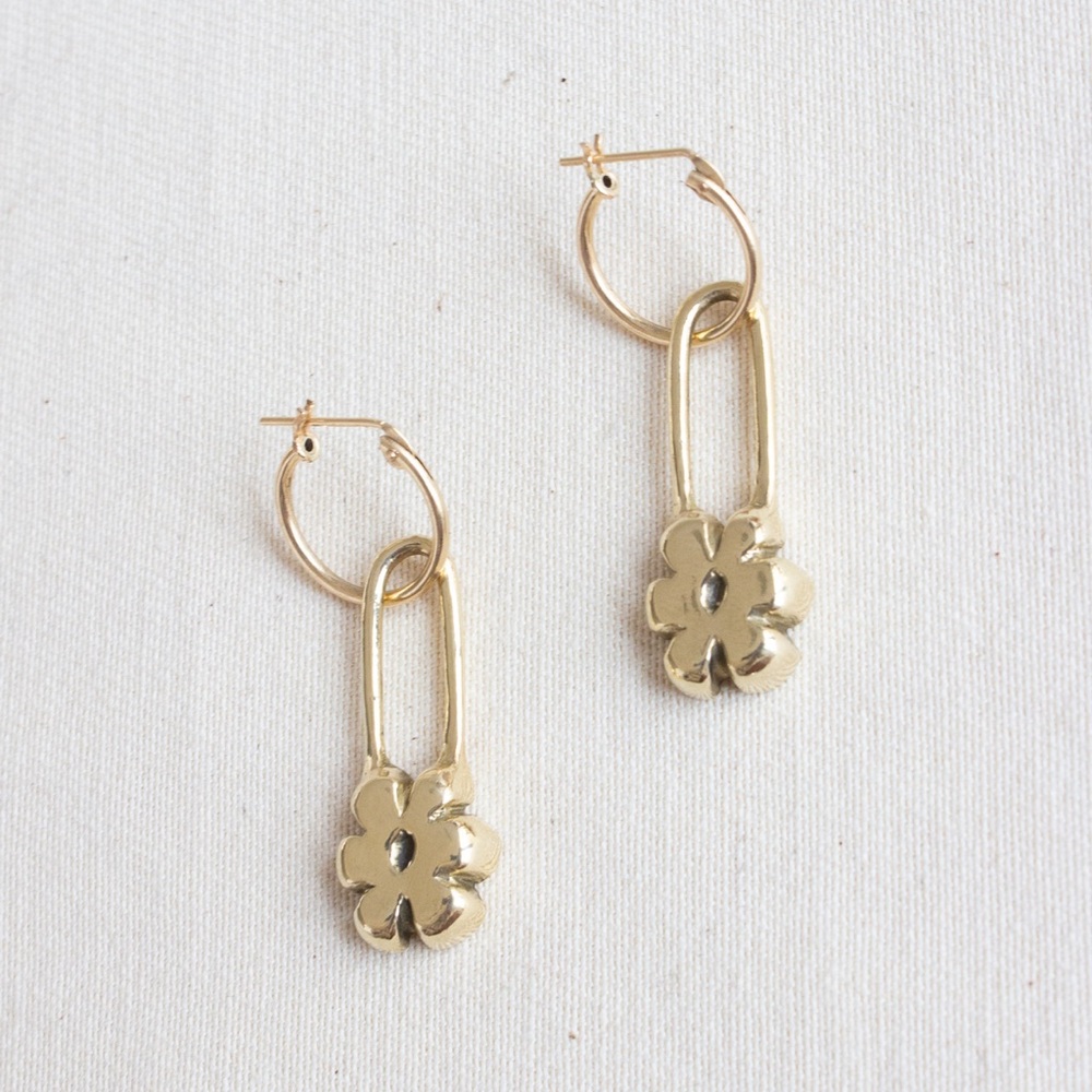 YAM NEW on Card Flower Pin Hoop Earrings GOLD FILLED Drop 1.5” MSRP $150